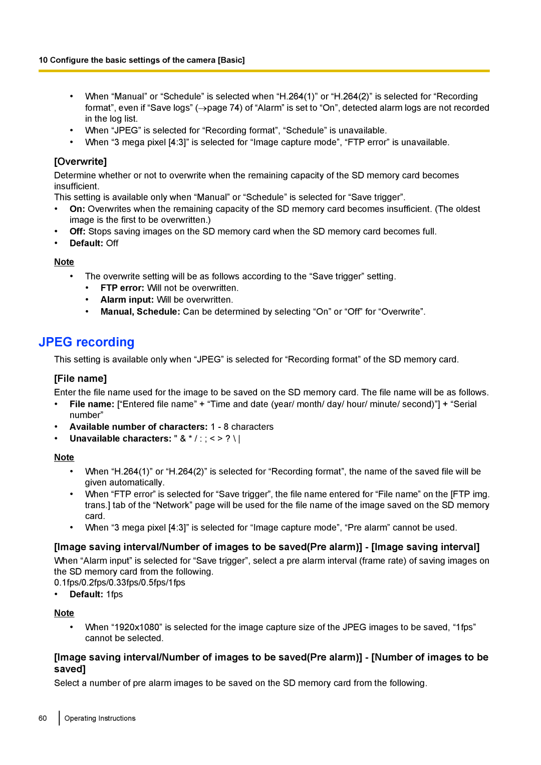 Panasonic WV-SF549, WV-SW558E, WV-SW559PJ, WV-SW559E, WV-SP509E Jpeg recording, Overwrite, File name, Default 1fps 