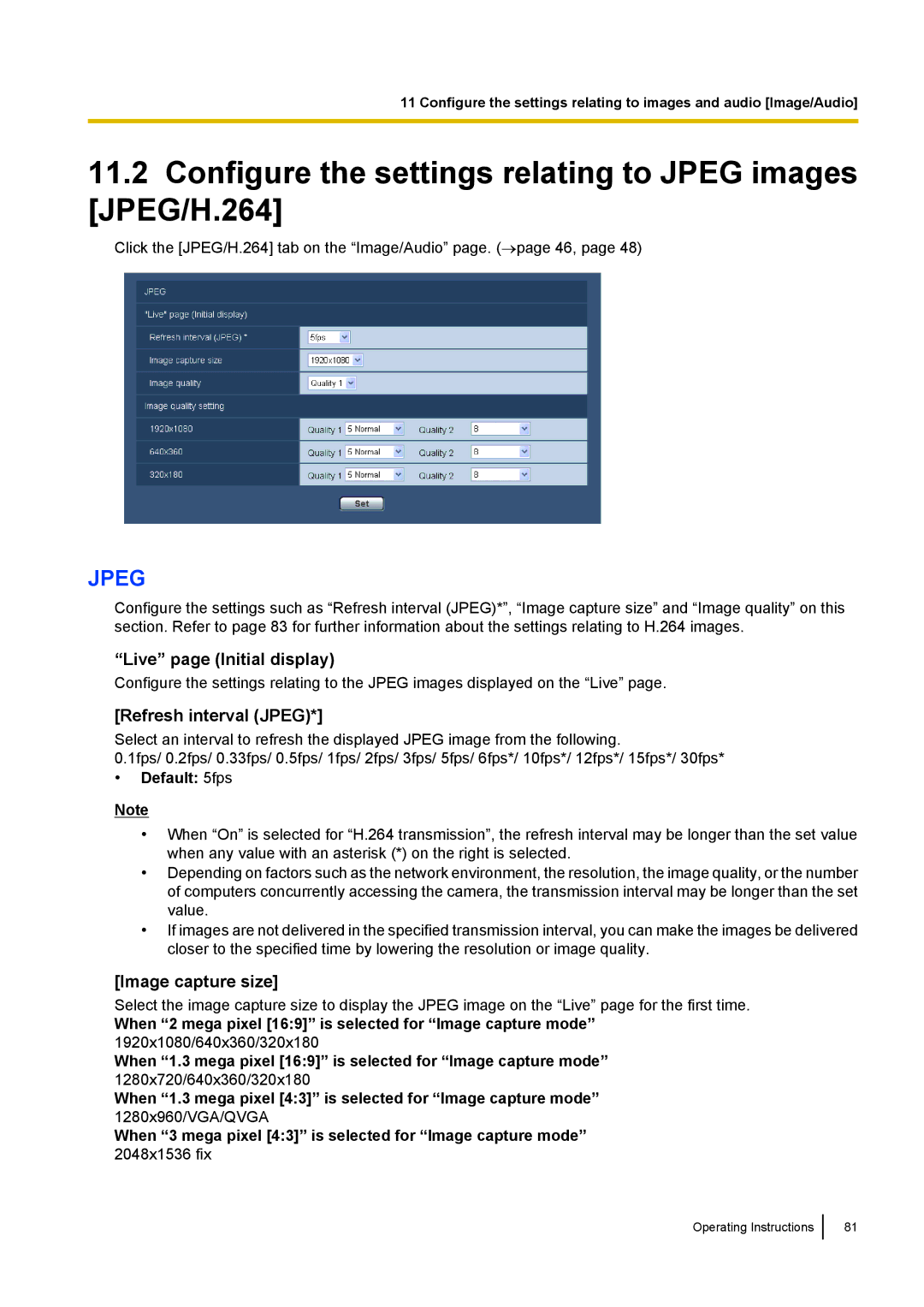 Panasonic WV-SF538 Configure the settings relating to Jpeg images JPEG/H.264, Live page Initial display, Default 5fps 