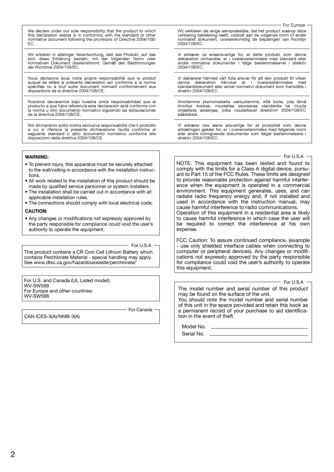 Panasonic WV-SW598 installation instructions Can ICES-3A/NMB-3A 