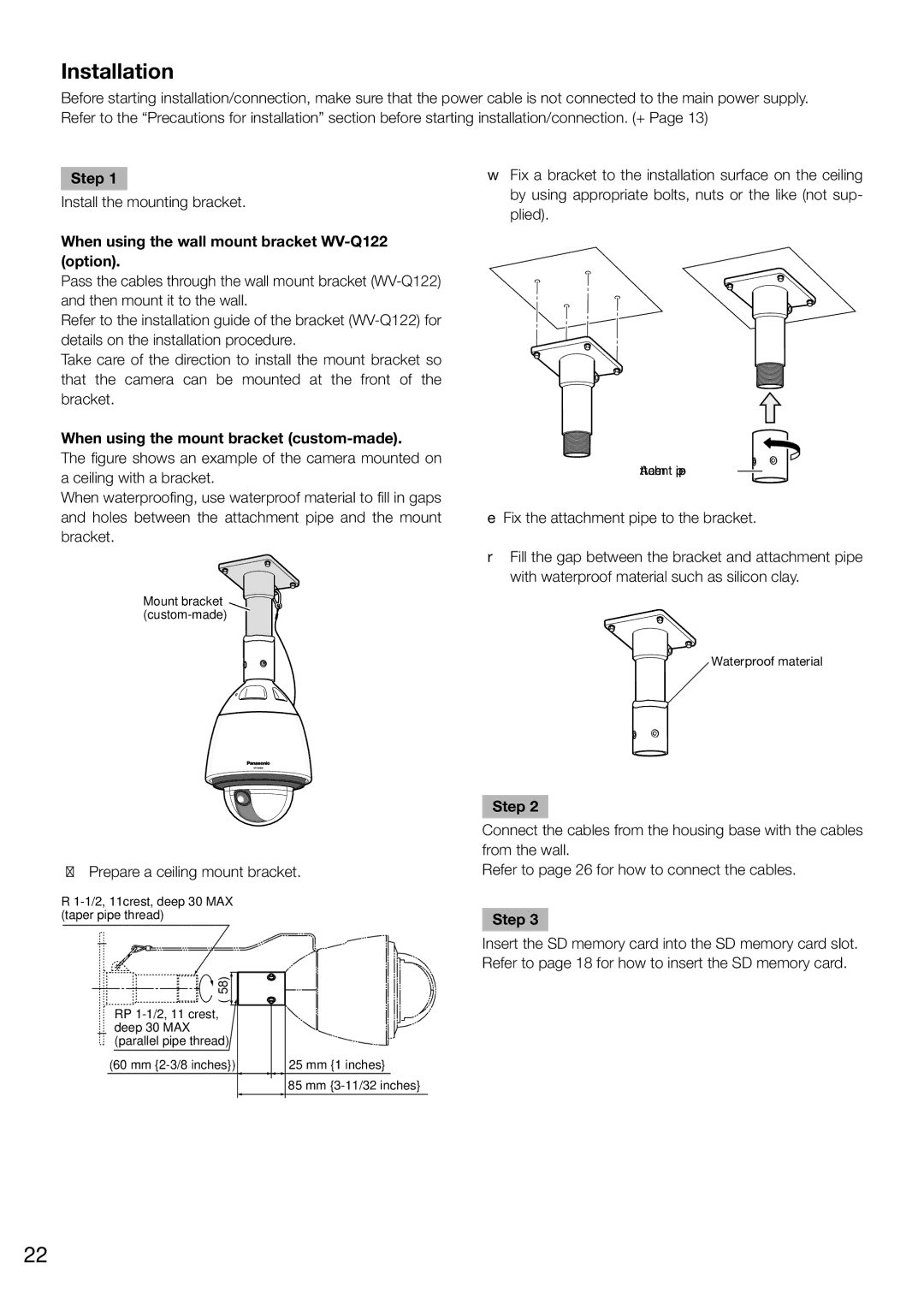 Panasonic WV-SW598 Installation, Install the mounting bracket, When using the wall mount bracket WV-Q122 option 