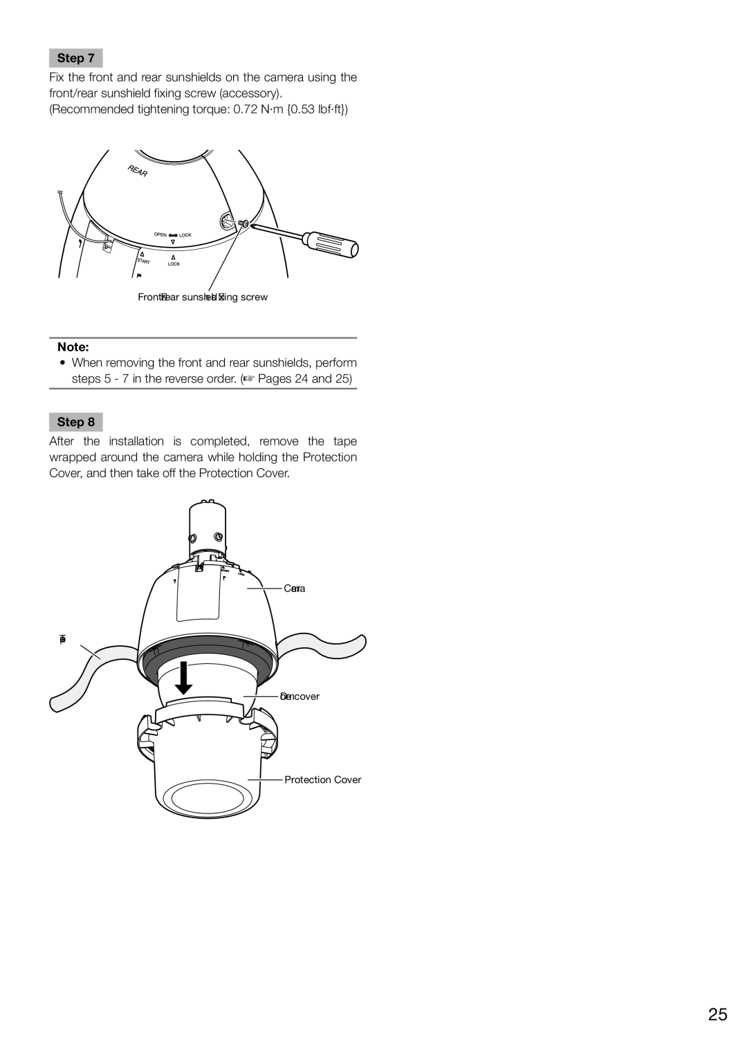 Panasonic WV-SW598 installation instructions Front/rear sunshields xing screw 