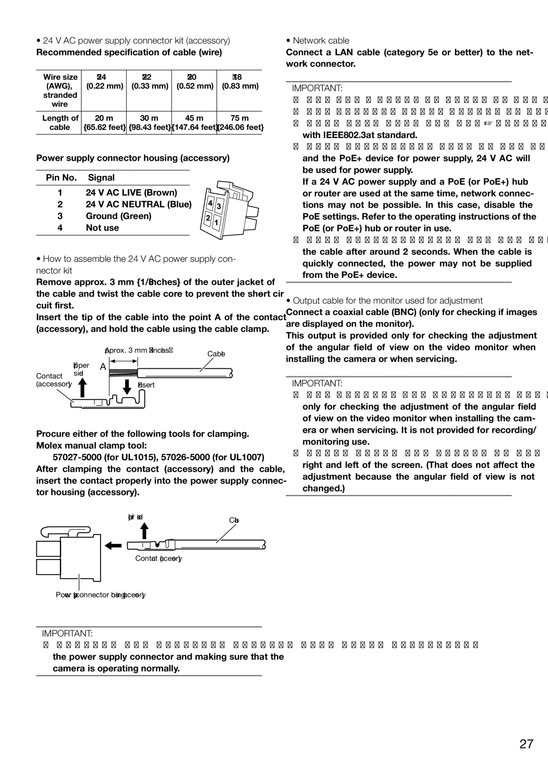 Panasonic WV-SW598 AC power supply connector kit accessory, Recommended specification of cable wire, Network cable 