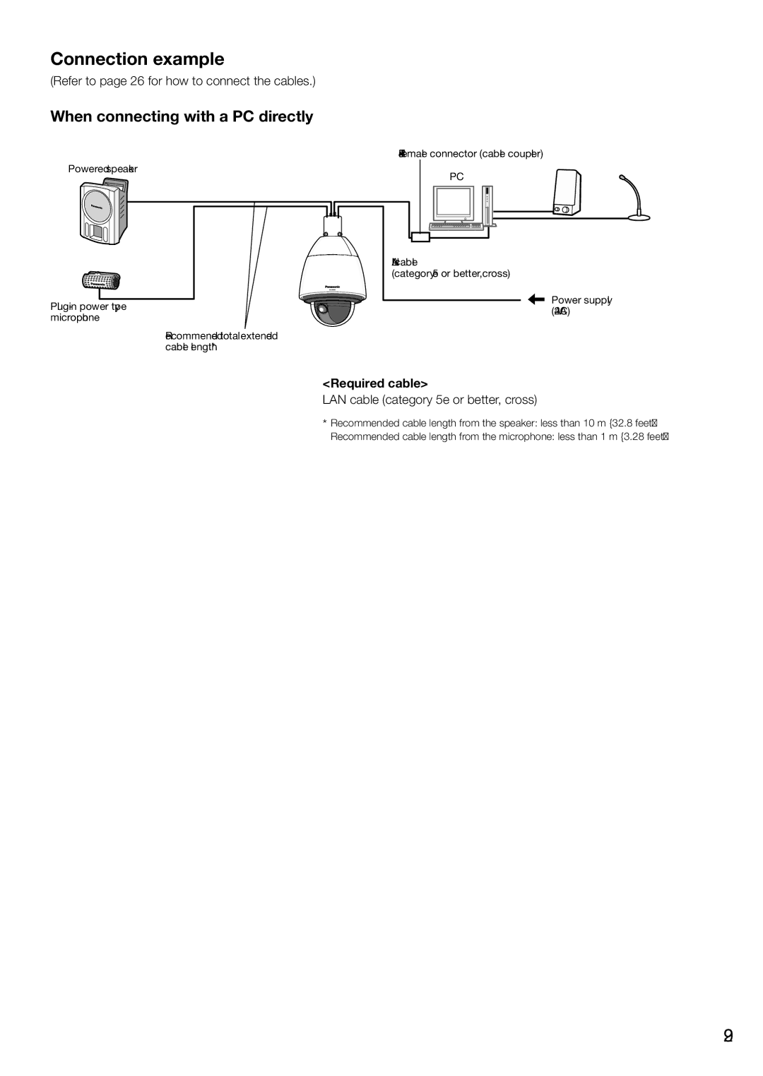 Panasonic WV-SW598 installation instructions Connection example, Required cable, LAN cable category 5e or better, cross 