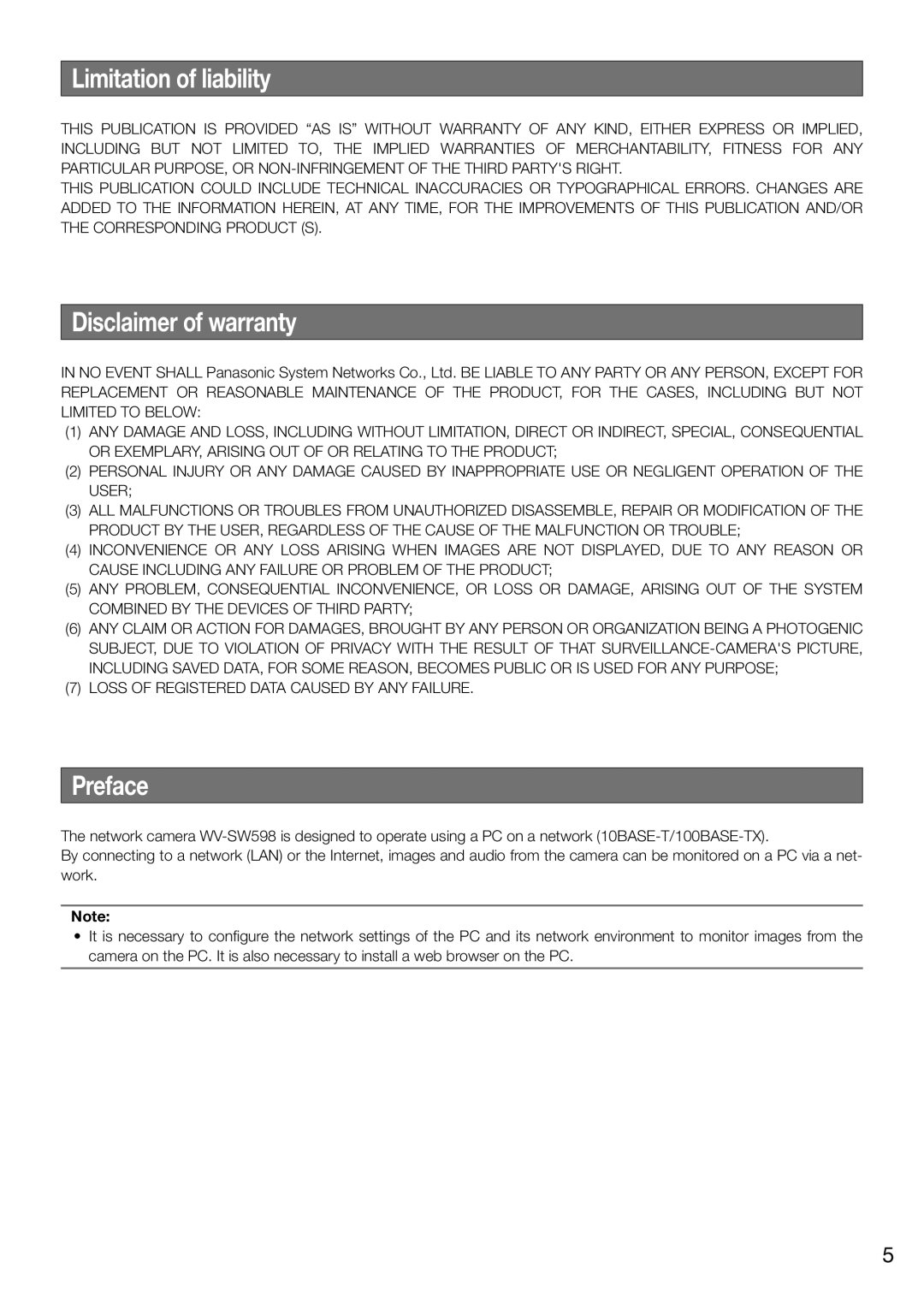 Panasonic WV-SW598 installation instructions Limitation of liability, Disclaimer of warranty, Preface 