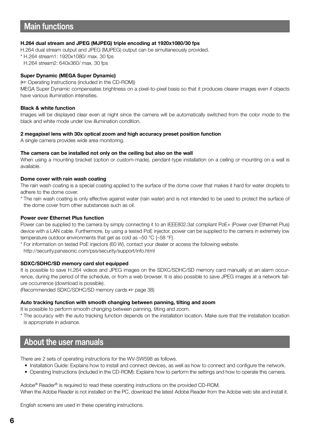 Panasonic WV-SW598 installation instructions Main functions 