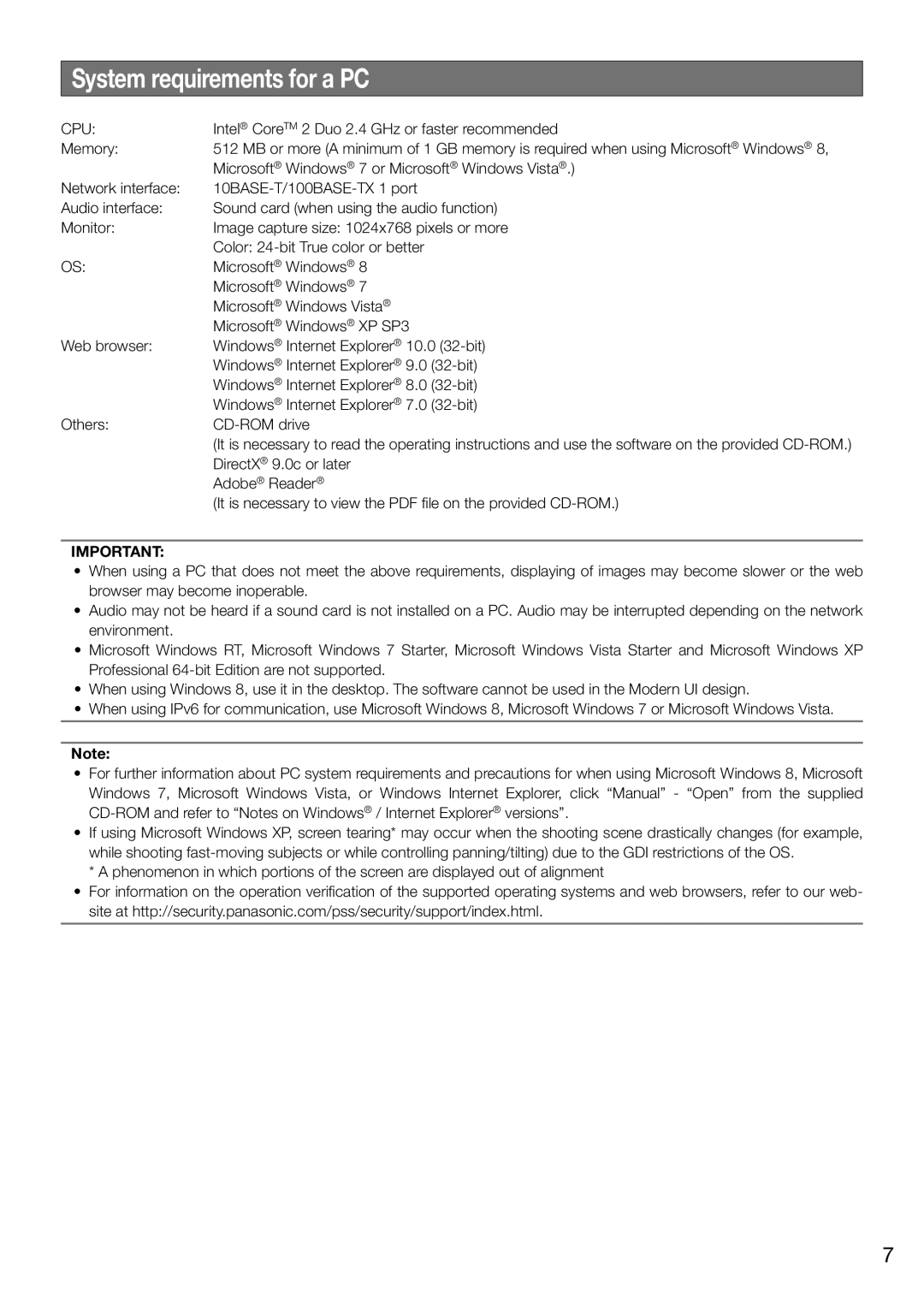 Panasonic WV-SW598 System requirements for a PC, Cpu, Intel CoreTM 2 Duo 2.4 GHz or faster recommended 