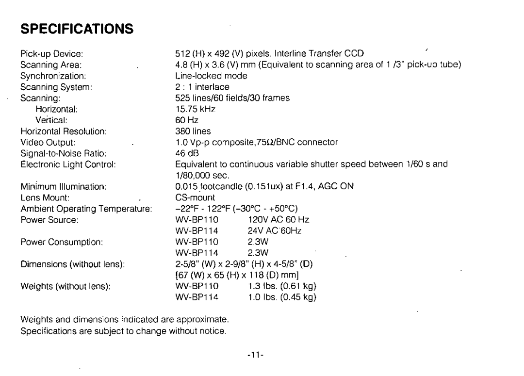 Panasonic WVBP114, WVBP110 manual 