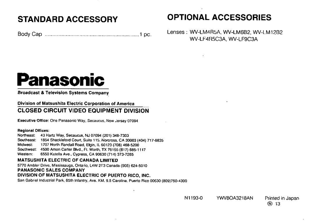 Panasonic WVBP110, WVBP114 manual 