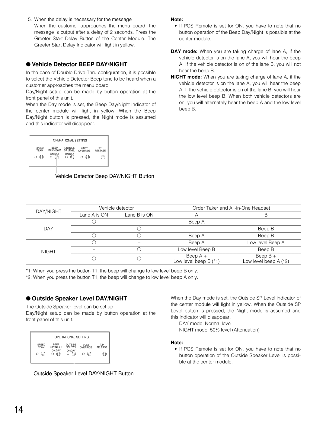 Panasonic WX-C3010 manual Vehicle Detector Beep DAY/NIGHT, Outside Speaker Level DAY/NIGHT 