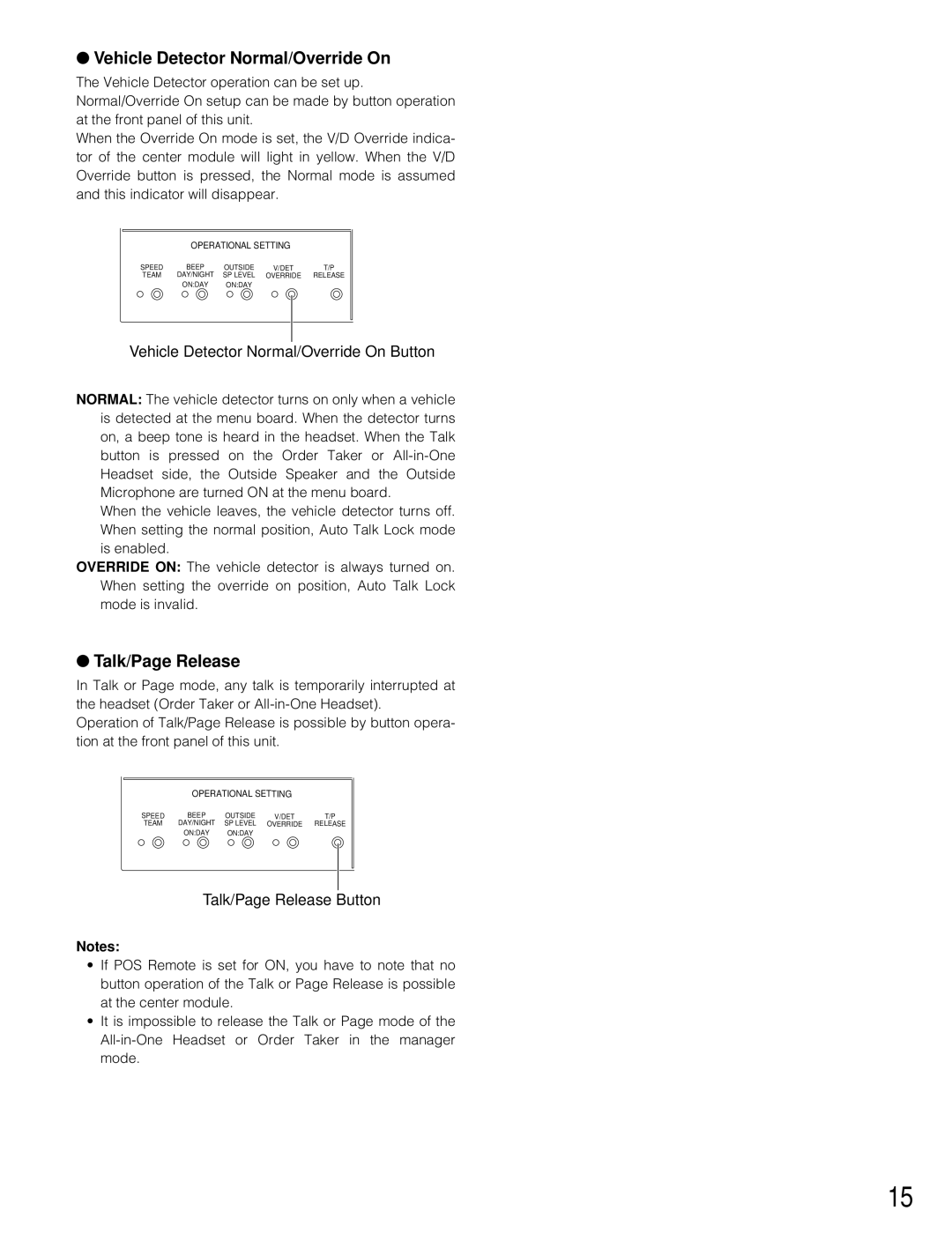 Panasonic WX-C3010 manual Vehicle Detector Normal/Override On, Talk/Page Release 