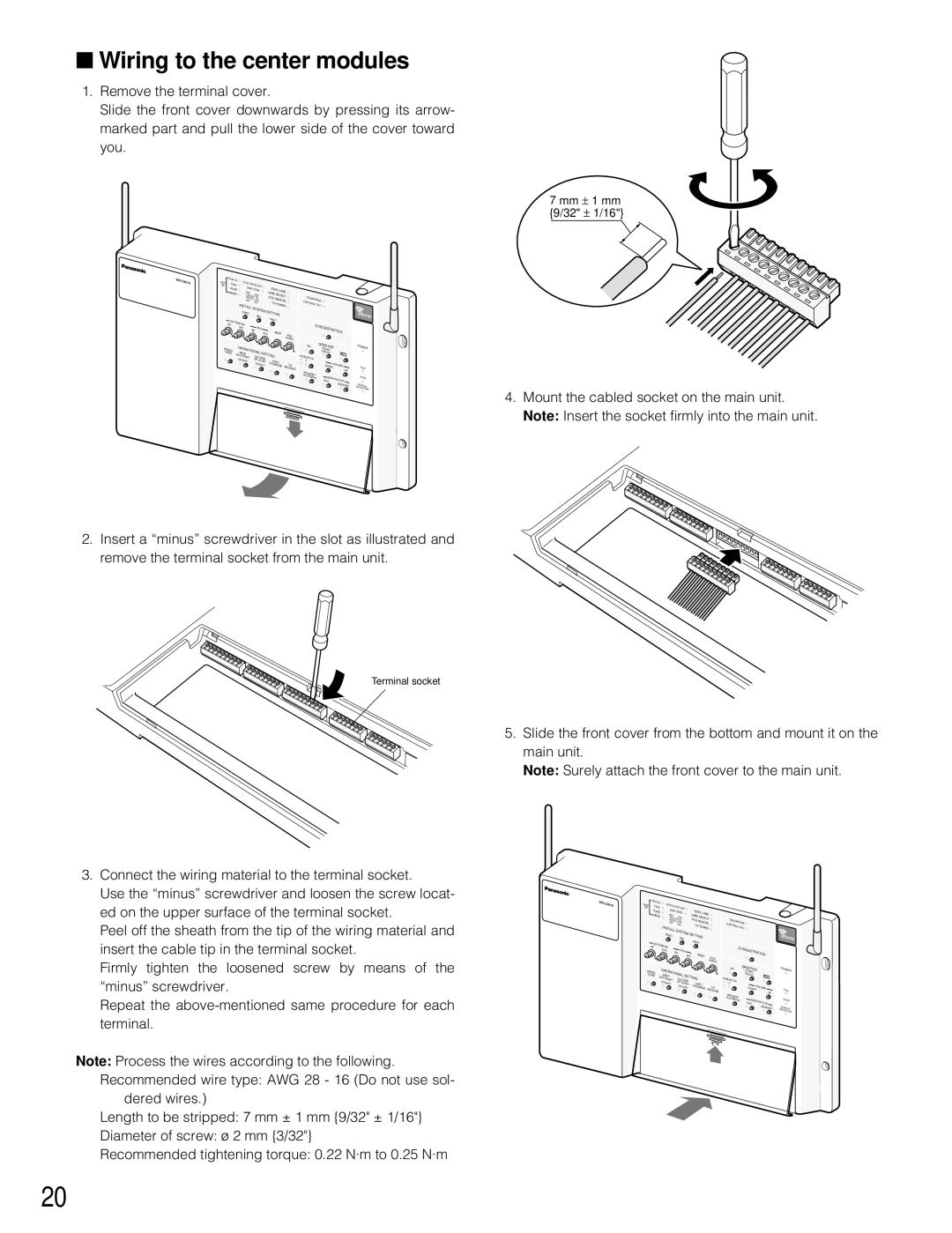 Panasonic WX-C3010 manual Wiring to the center modules, Mm ± 1 mm 9/32 ± 1/16 