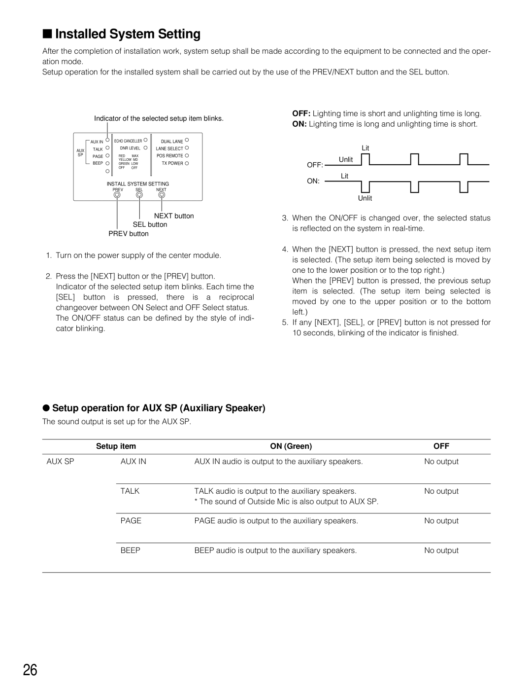 Panasonic WX-C3010 manual Installed System Setting, Setup operation for AUX SP Auxiliary Speaker, Setup item On Green, Off 