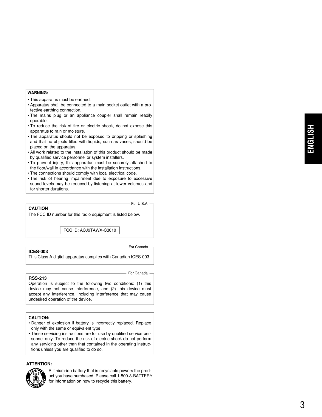 Panasonic WX-C3010 manual ICES-003 