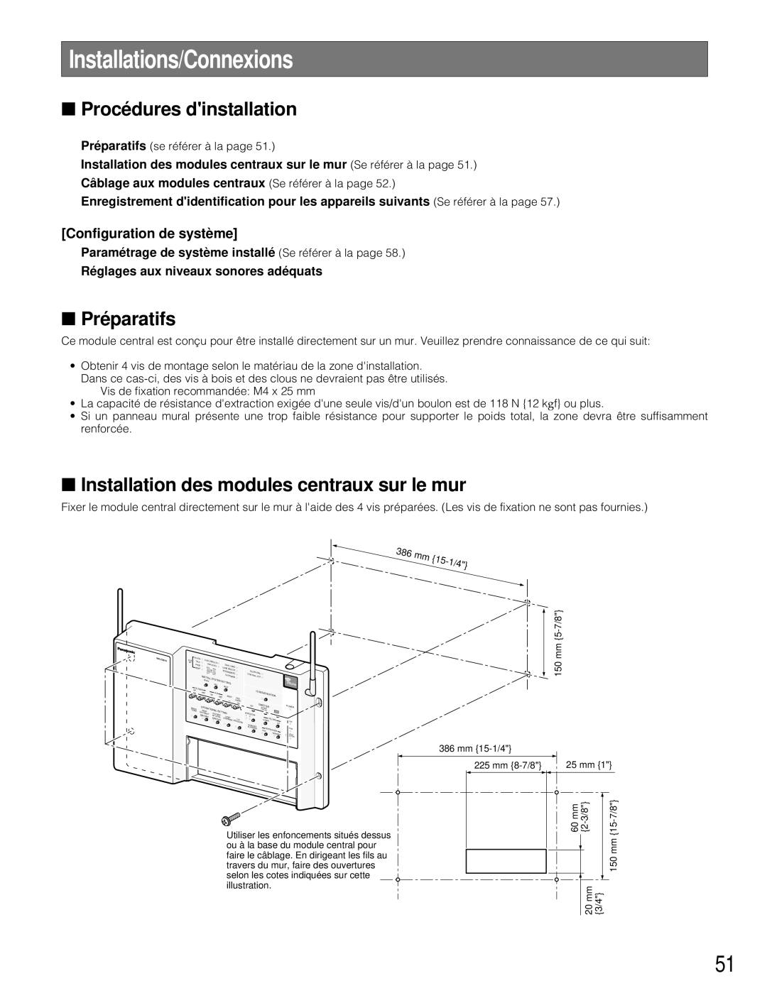 Panasonic WX-C3010 manual Installations/Connexions, Procédures dinstallation, Préparatifs, Configuration de système 