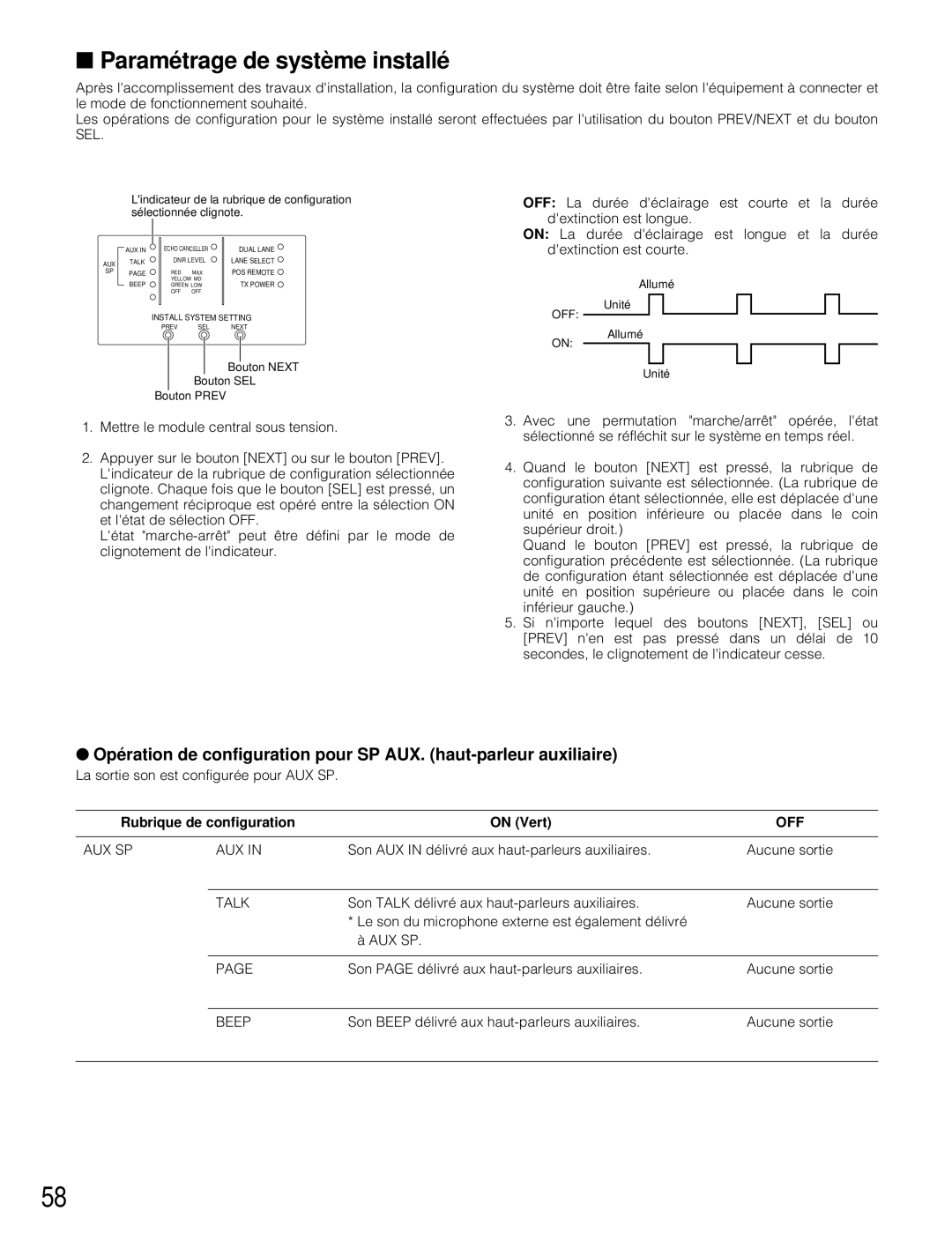 Panasonic WX-C3010 manual Paramétrage de système installé, Rubrique de configuration On Vert 