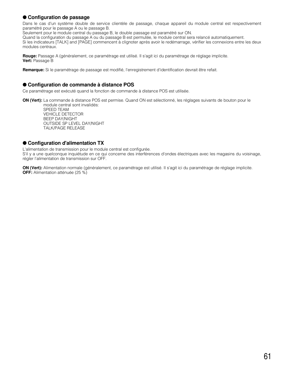 Panasonic WX-C3010 Configuration de passage, Configuration de commande à distance POS, Configuration dalimentation TX 