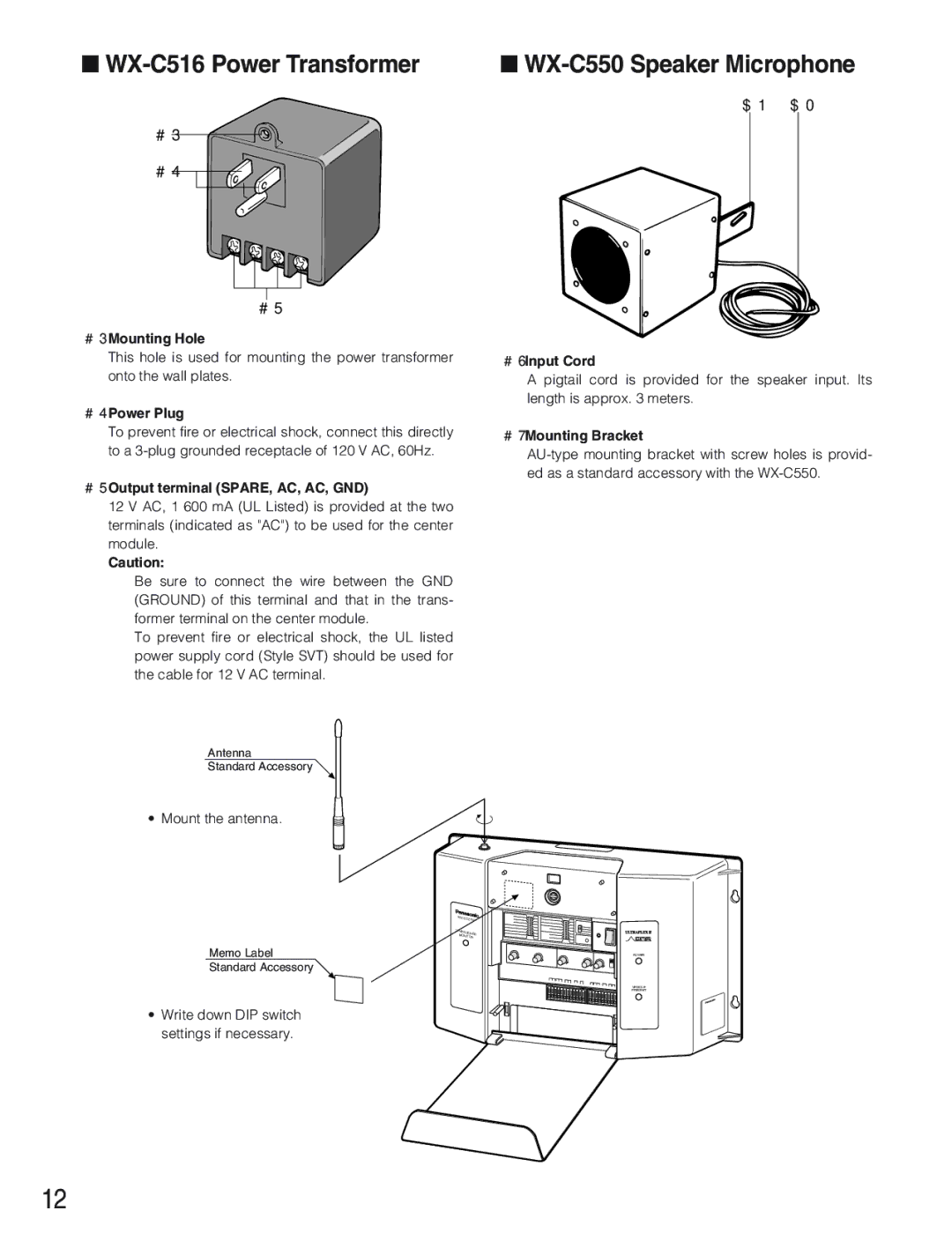 Panasonic WX-CC2010 #3Mounting Hole, #4Power Plug, #5Output terminal SPARE, AC, AC, GND, #6Input Cord, #7Mounting Bracket 