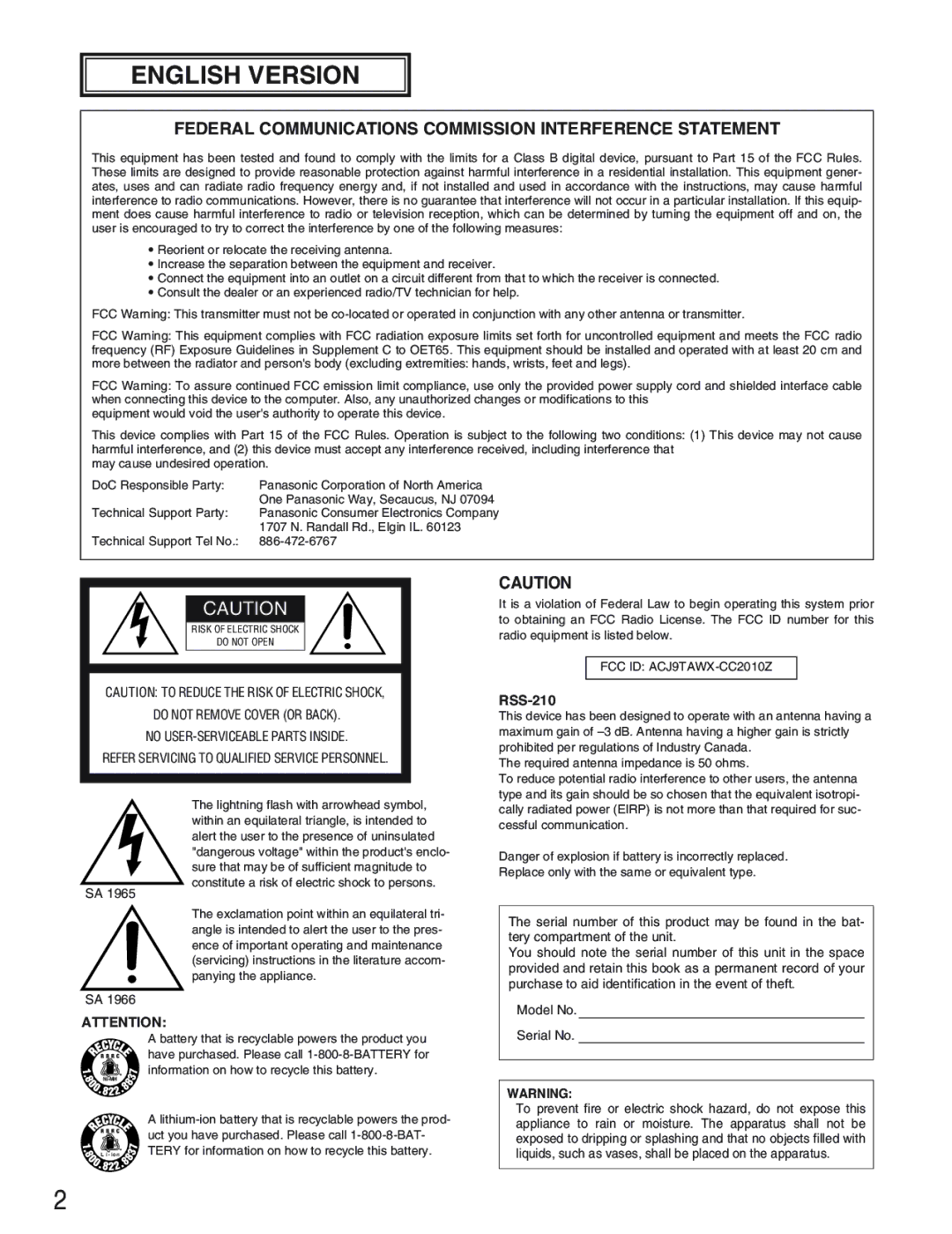 Panasonic WX-CC2010 operating instructions English Version, RSS-210 