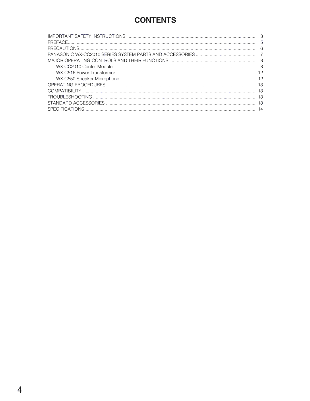 Panasonic WX-CC2010 operating instructions Contents 