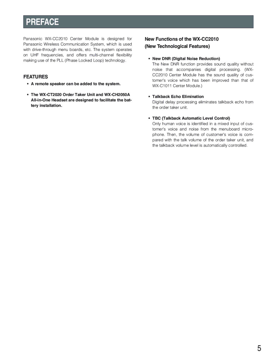 Panasonic WX-CC2010 operating instructions Preface, New DNR Digital Noise Reduction, Talkback Echo Elimination 