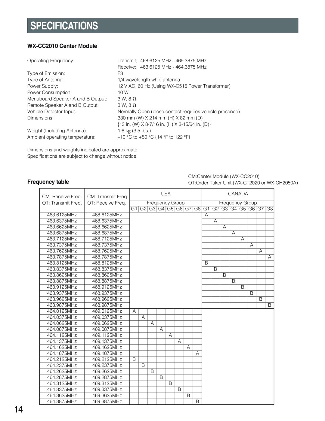 Panasonic operating instructions Specifications, WX-CC2010Center Module, Frequency table 
