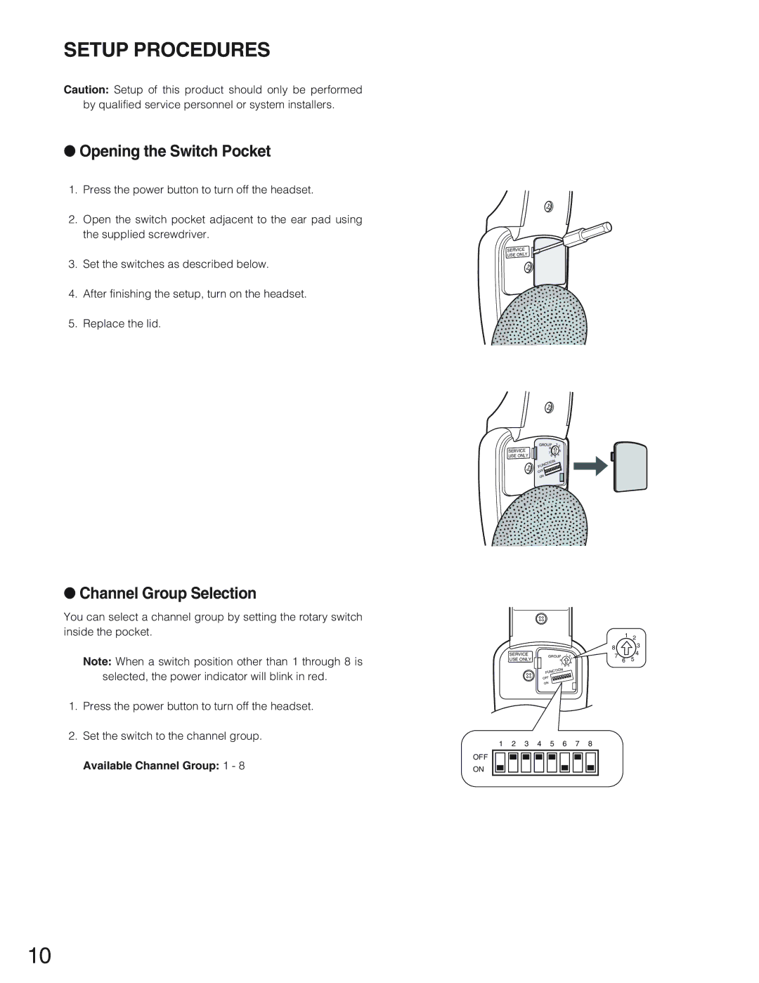 Panasonic WX-CH2050 manual Setup Procedures, Opening the Switch Pocket, Channel Group Selection, Available Channel Group 1 