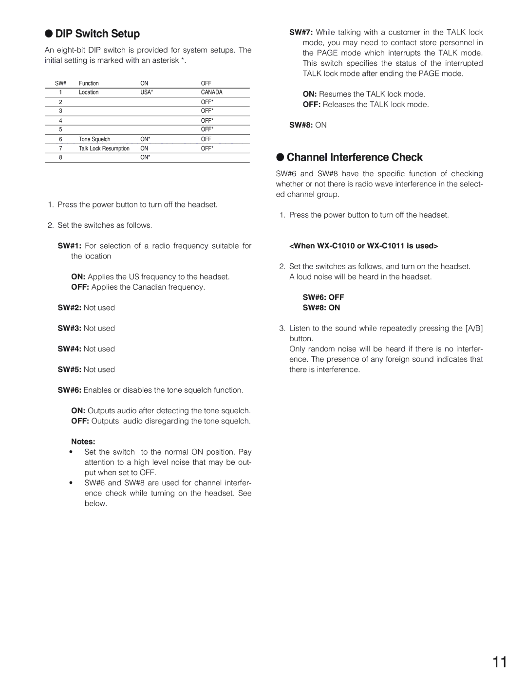 Panasonic WX-CH2050 manual DIP Switch Setup, Channel Interference Check, SW#8 on, When WX-C1010 or WX-C1011 is used 