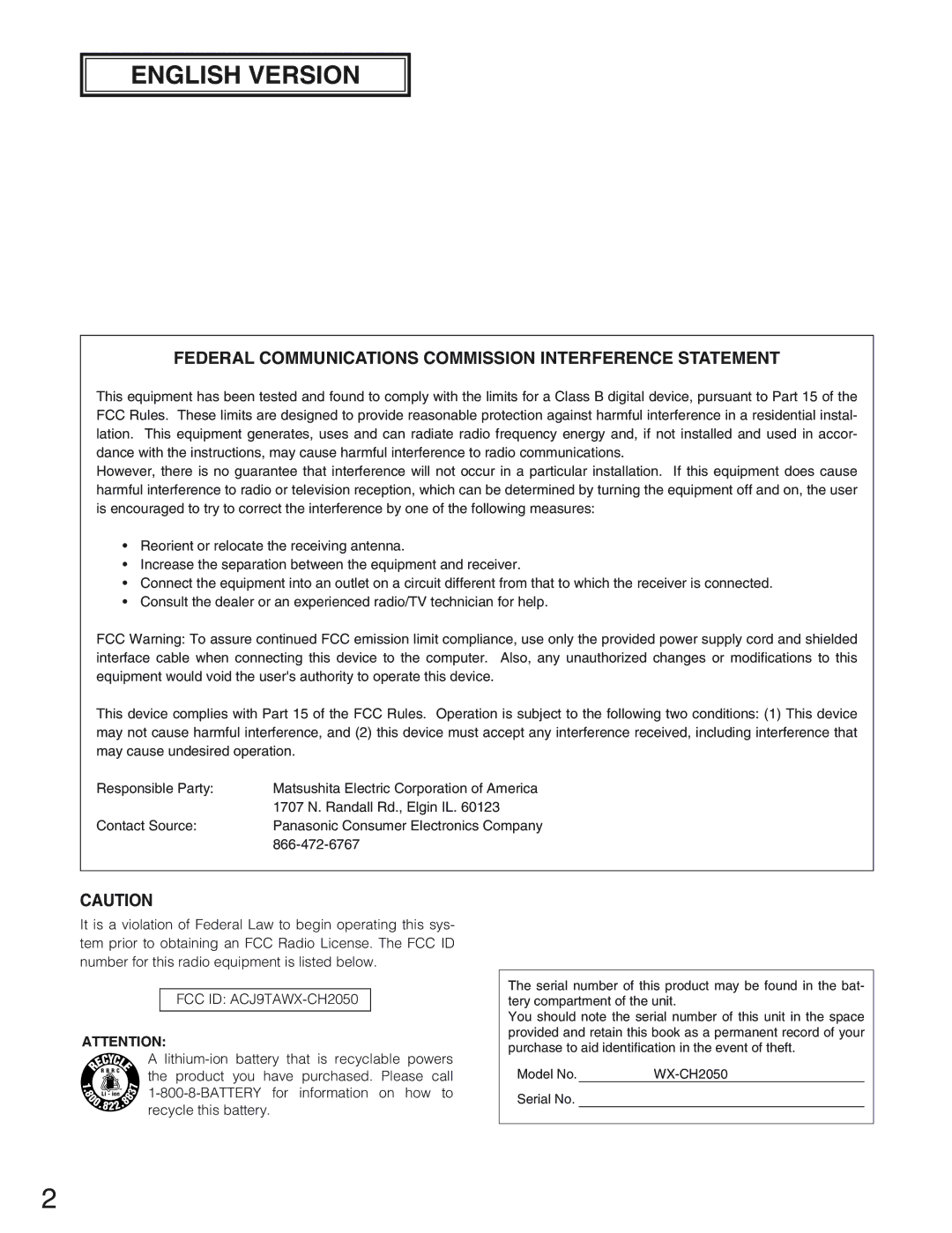 Panasonic manual English Version, FCC ID ACJ9TAWX-CH2050 