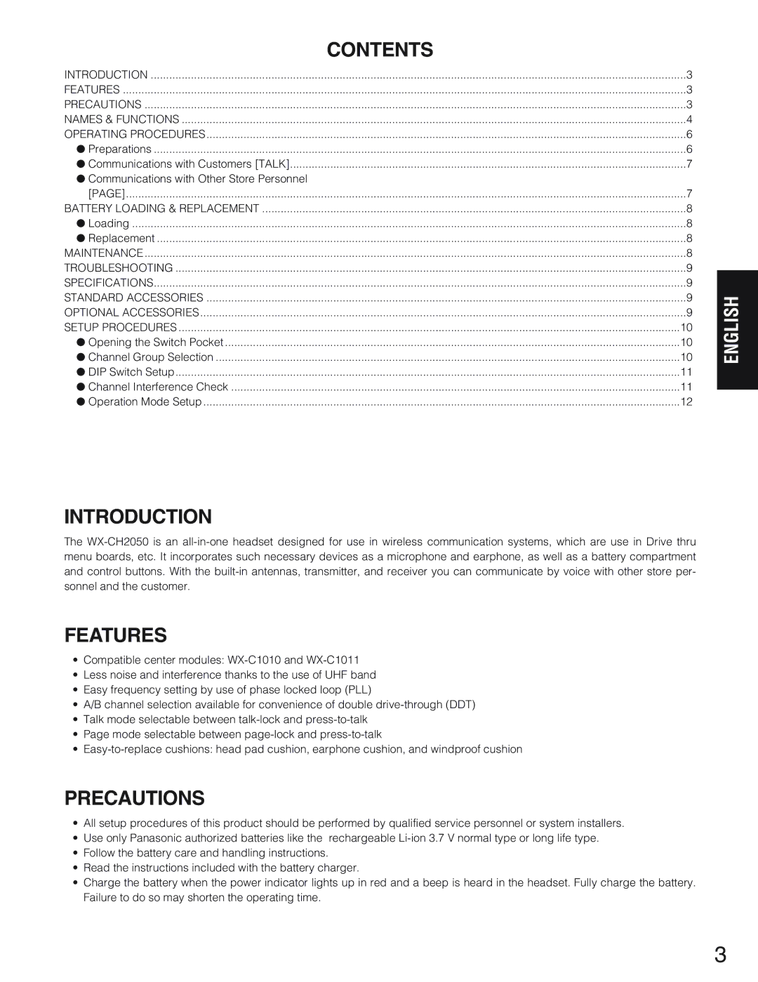 Panasonic WX-CH2050 manual Contents, Introduction, Features, Precautions 