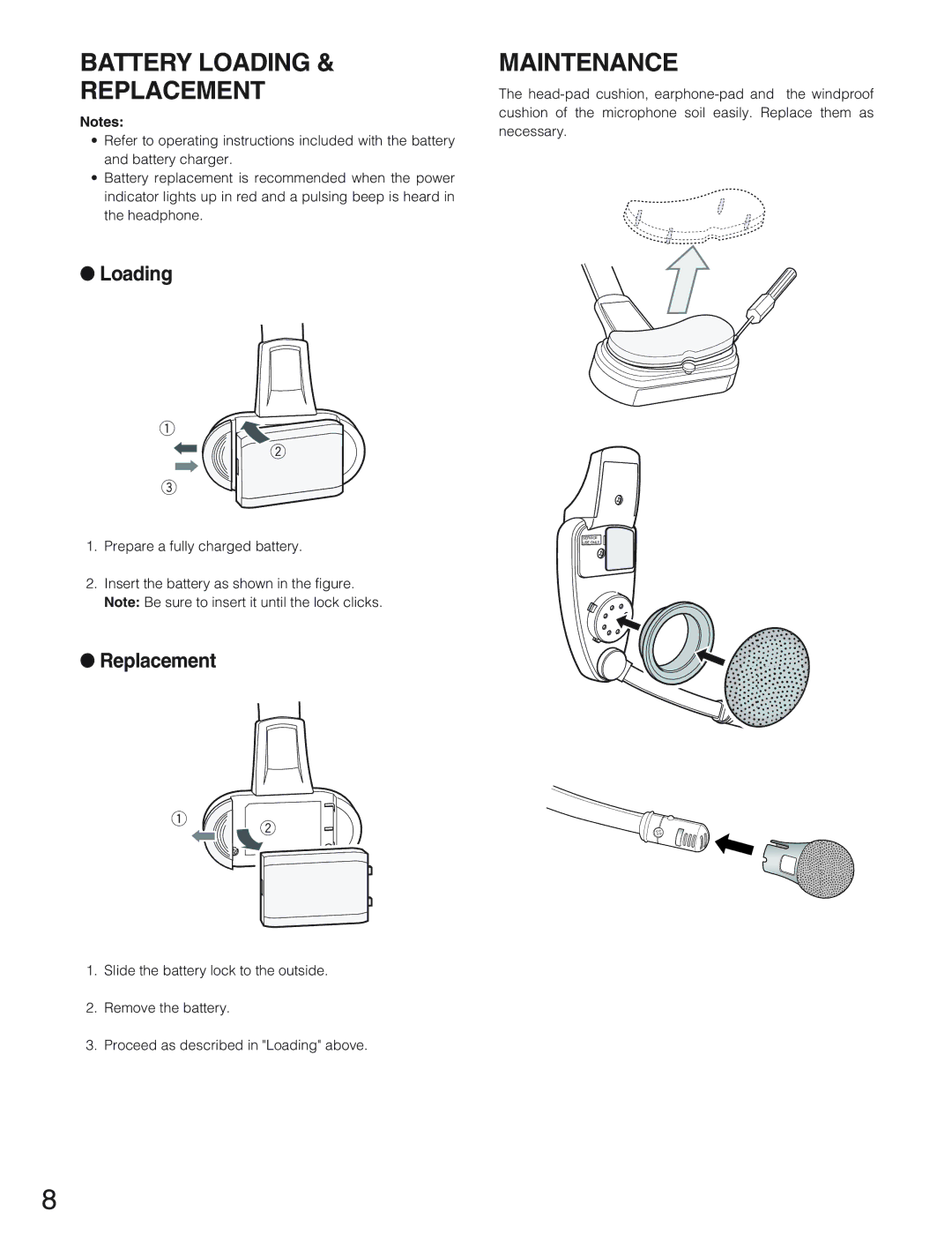 Panasonic WX-CH2050 manual Battery Loading Maintenance Replacement 