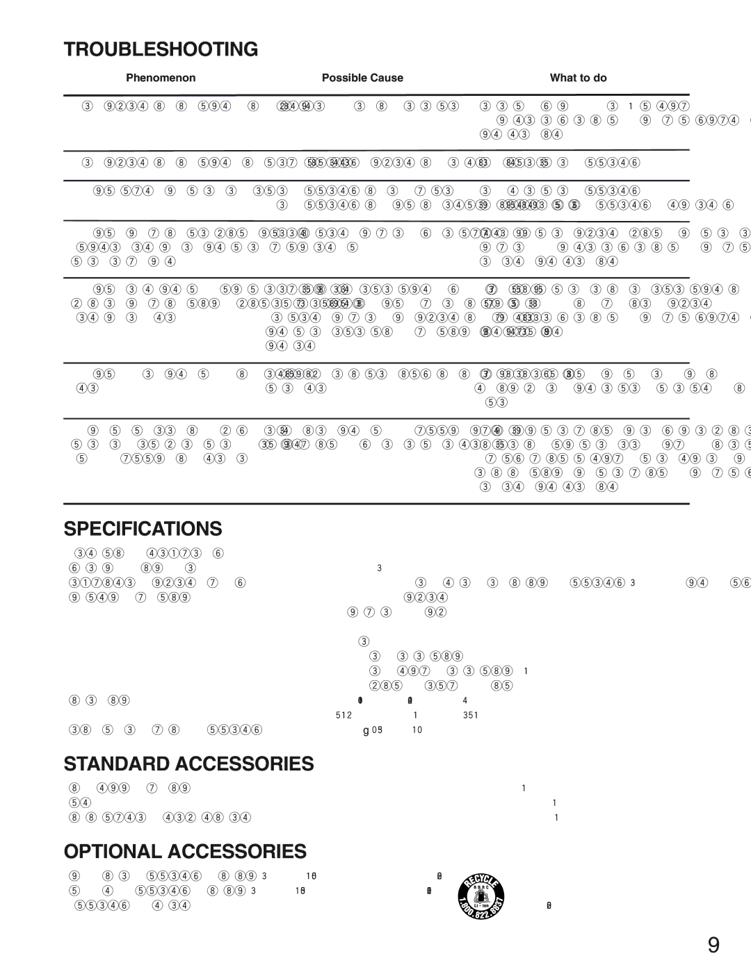 Panasonic WX-CH2050 manual Troubleshooting, Specifications, Standard Accessories, Optional Accessories 