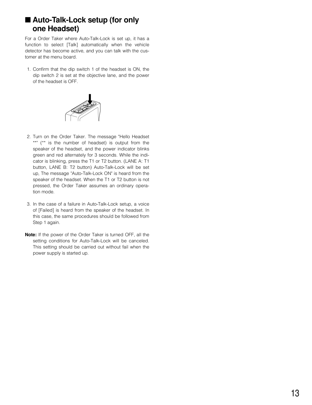 Panasonic WX-T3020 operating instructions Auto-Talk-Lock setup for only one Headset 