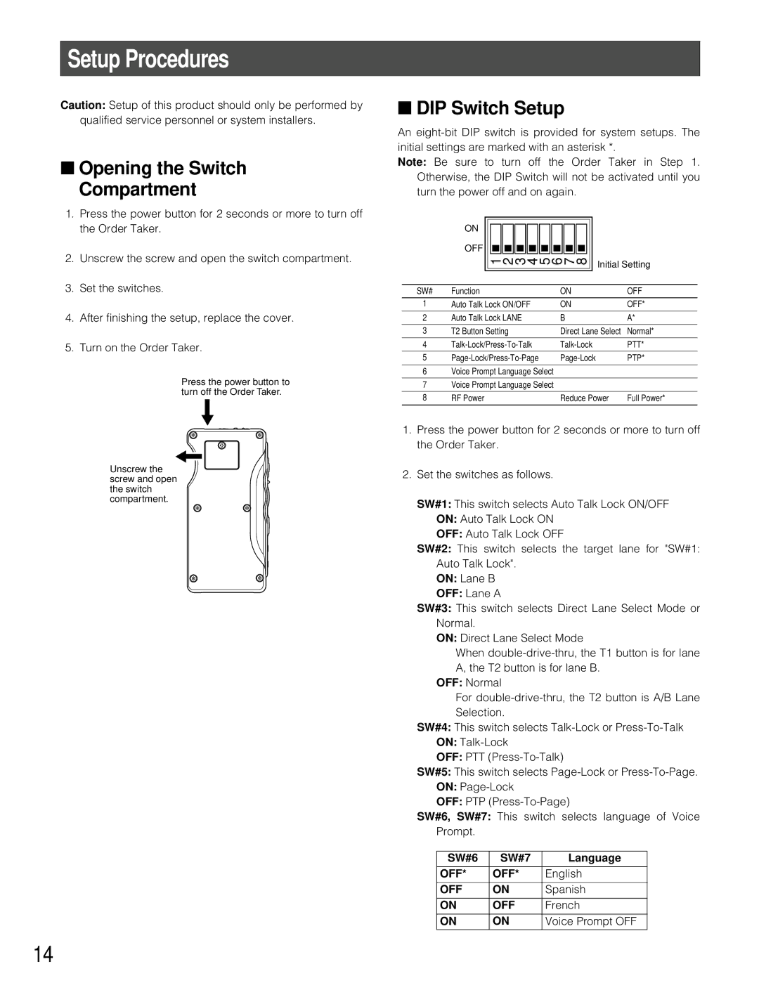 Panasonic WX-T3020 operating instructions Setup Procedures, Opening the Switch Compartment, DIP Switch Setup 