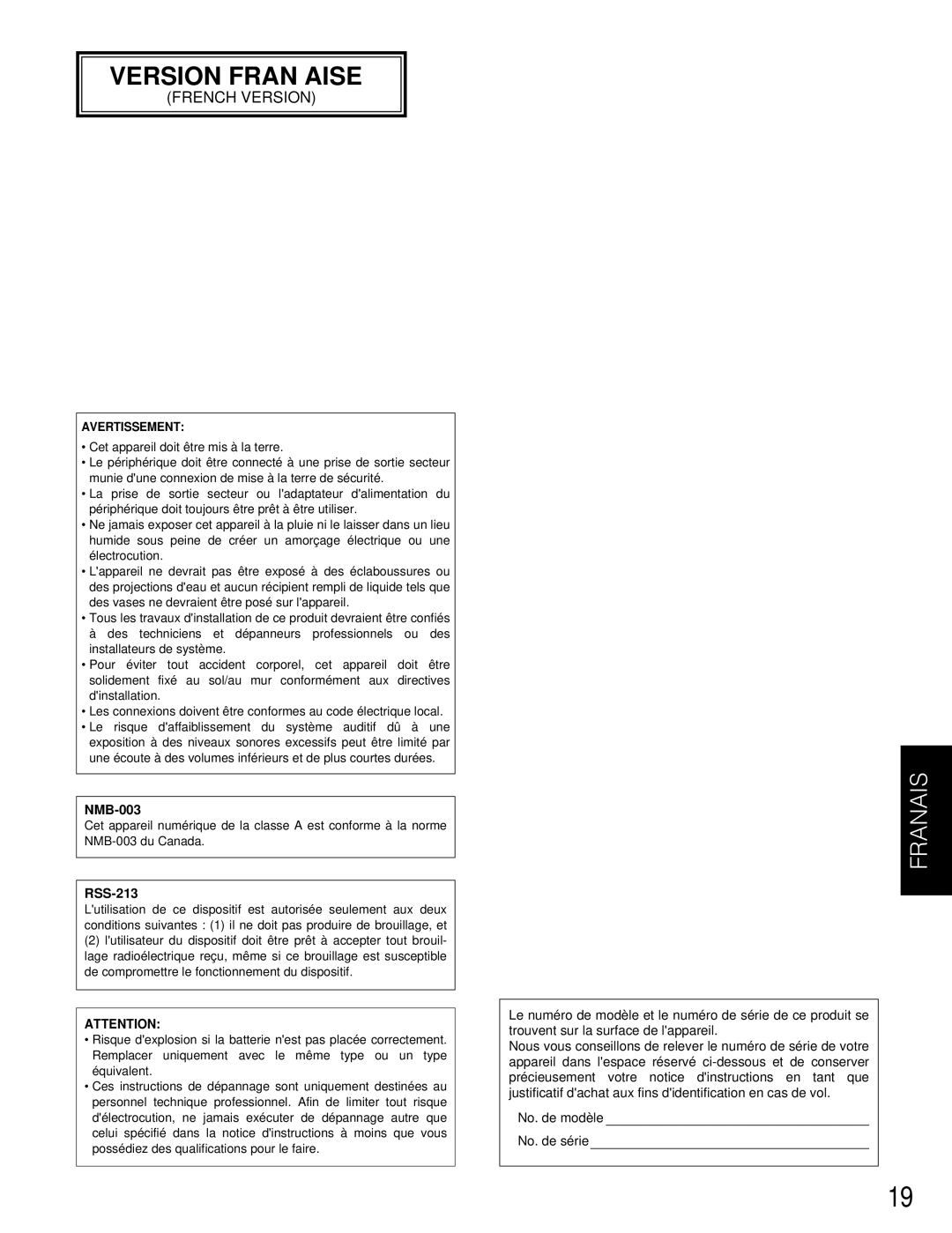 Panasonic WX-T3020 operating instructions Version Française 