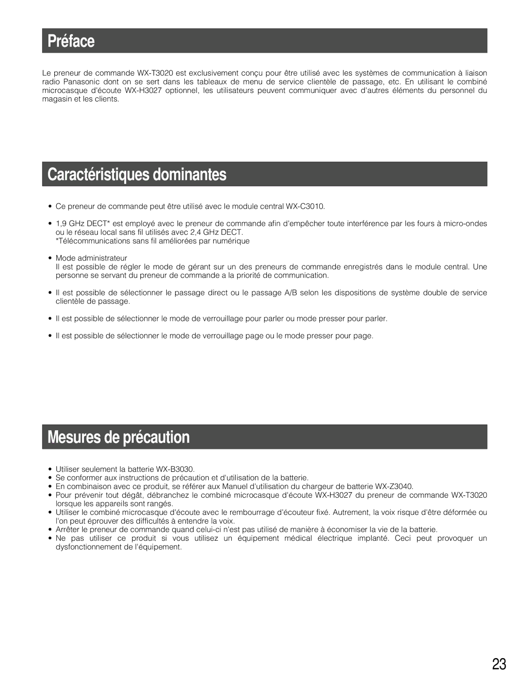 Panasonic WX-T3020 operating instructions Préface, Caractéristiques dominantes, Mesures de précaution 