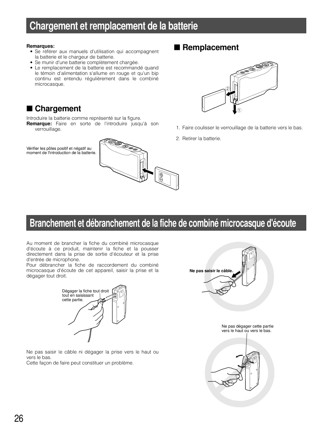 Panasonic WX-T3020 operating instructions Chargement et remplacement de la batterie, Remplacement, Remarques 