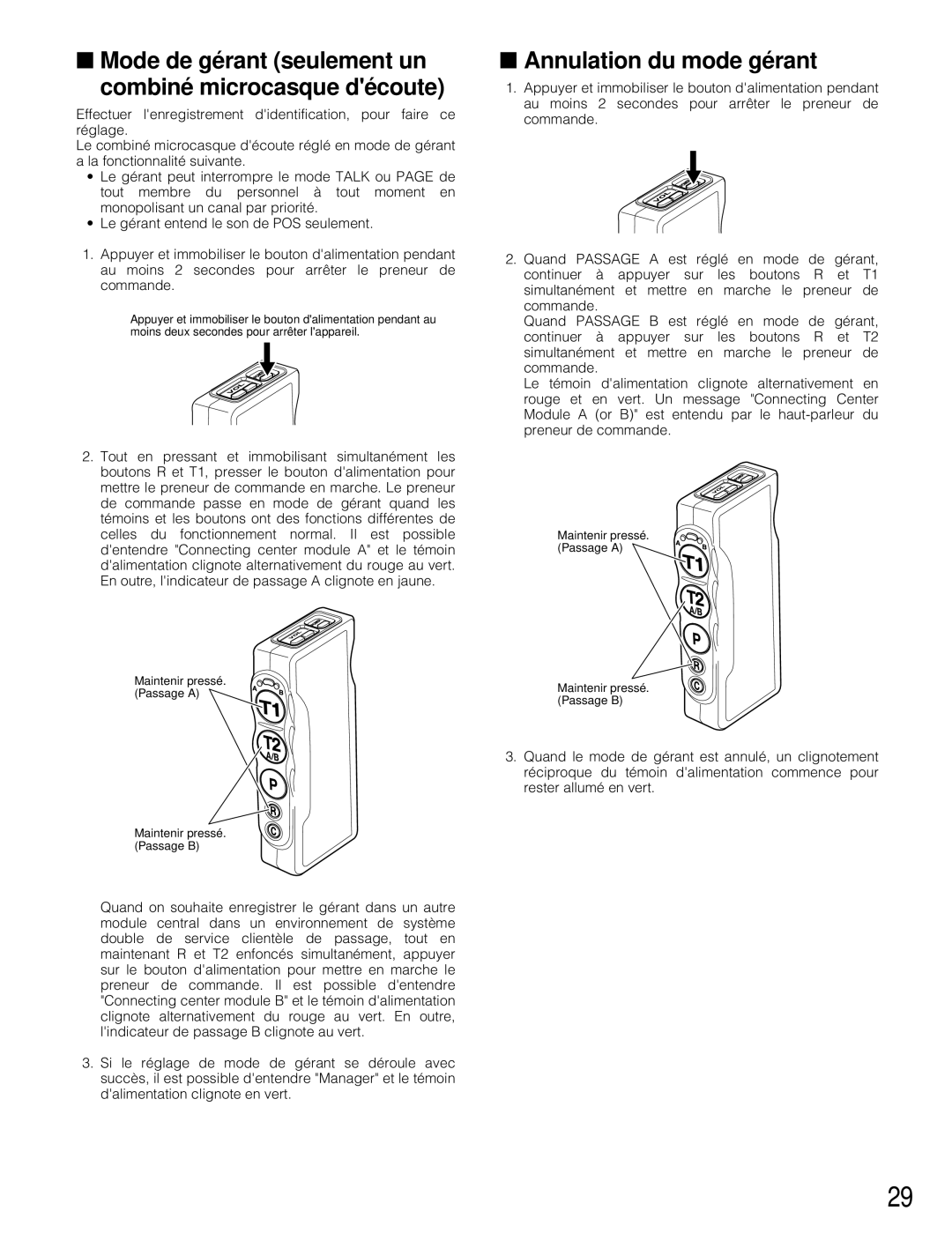 Panasonic WX-T3020 Mode de gérant seulement un Combiné microcasque découte, Annulation du mode gérant 