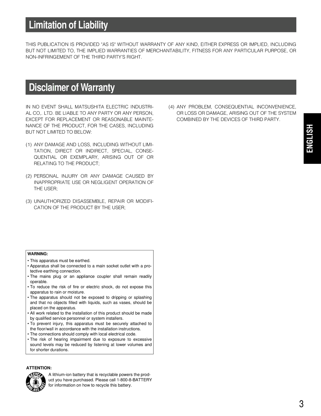 Panasonic WX-T3020 operating instructions Limitation of Liability, Disclaimer of Warranty 