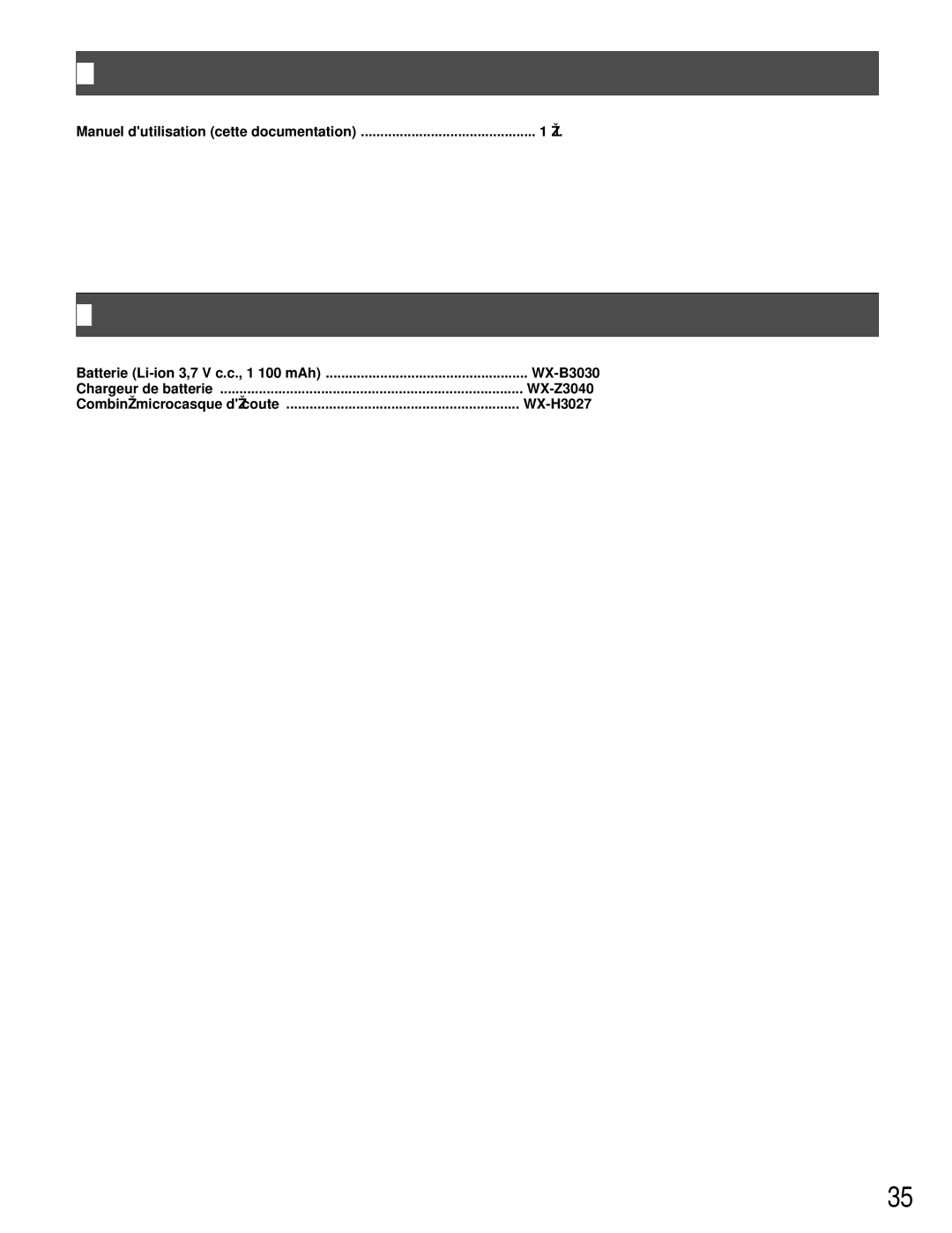 Panasonic WX-T3020 operating instructions Accessoire standard, Accessoires optionnels 