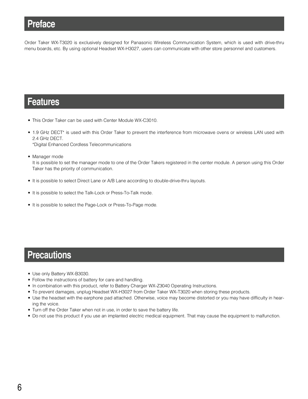 Panasonic WX-T3020 operating instructions Preface, Features, Precautions 