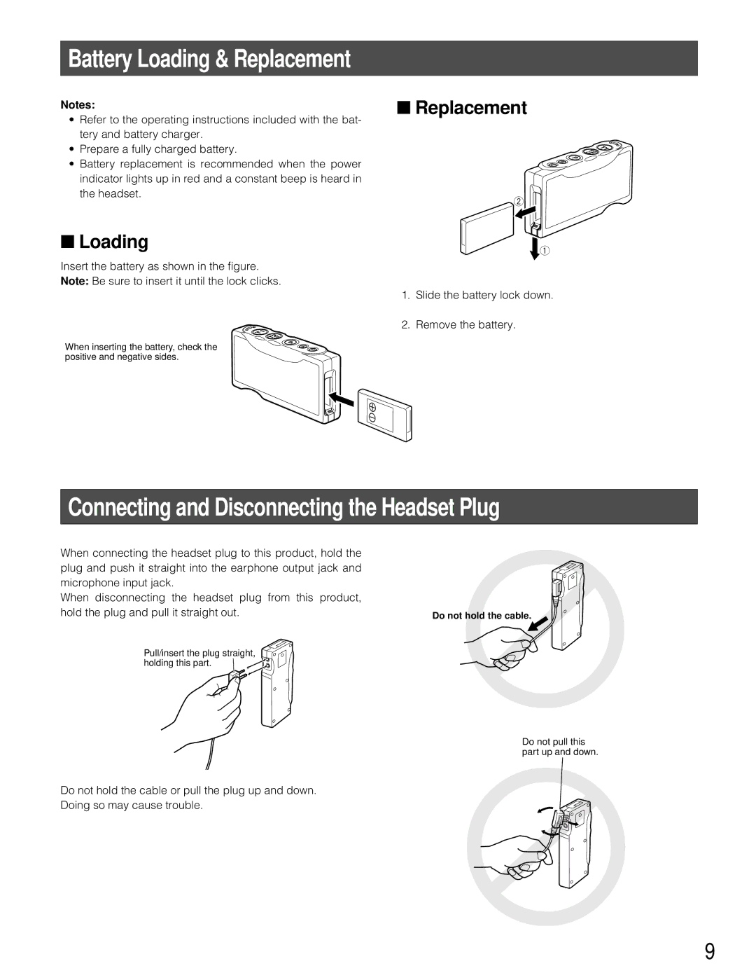 Panasonic WX-T3020 operating instructions Battery Loading & Replacement, Connecting and Disconnecting the Headset Plug 