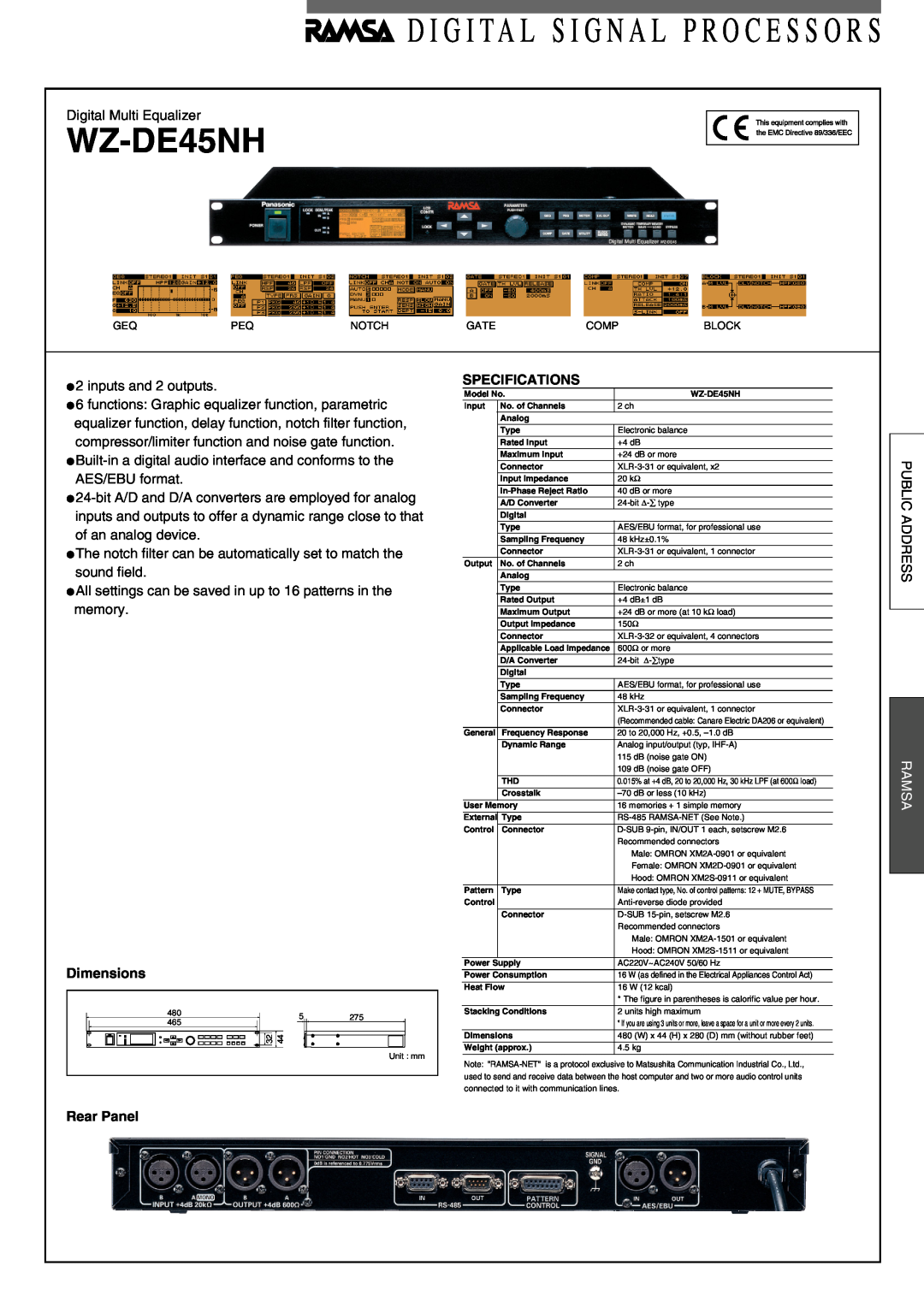 Panasonic WZ-DE45NH dimensions D I G I Ta L S I G N A L P R O C E S S O R S, Dimensions, Specifications, Ramsa, Rear Panel 