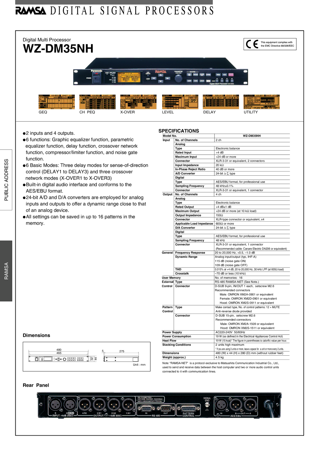 Panasonic WZ-DM35NH dimensions G I TA L S I G N a L P R O C E S S O R S, Ramsa, Specifications 