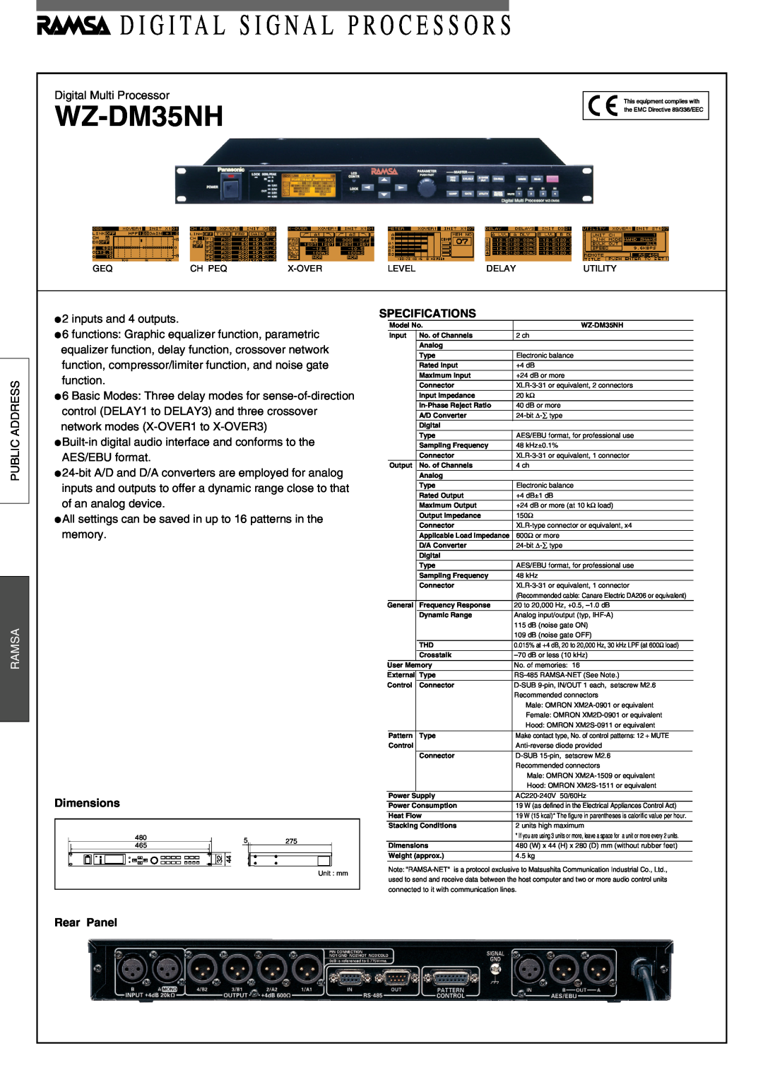Panasonic WZ-DM35NH dimensions D I G I Ta L S I G N A L P R O C E S S O R S, Ramsa, Dimensions, Specifications, Rear Panel 