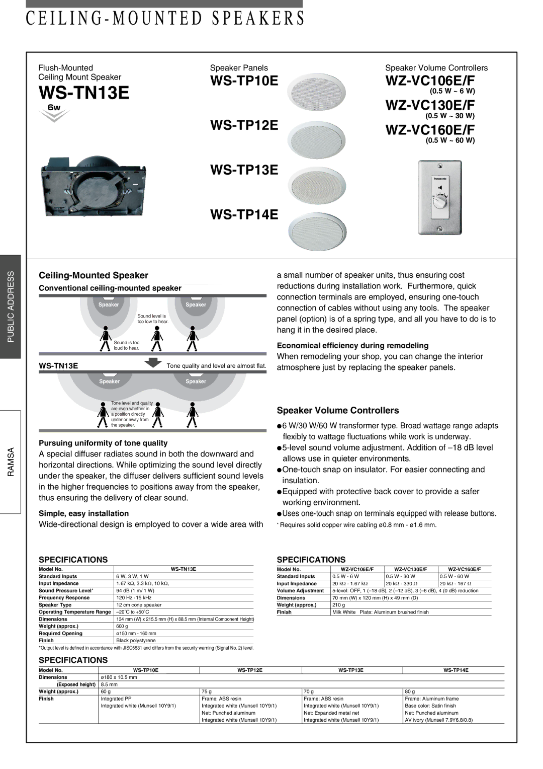 Panasonic WS-TP12E, WZ-VC160E/F, WS-TP14E specifications Ceiling-Mounted Speaker, Speaker Volume Controllers, WS-TN13E 