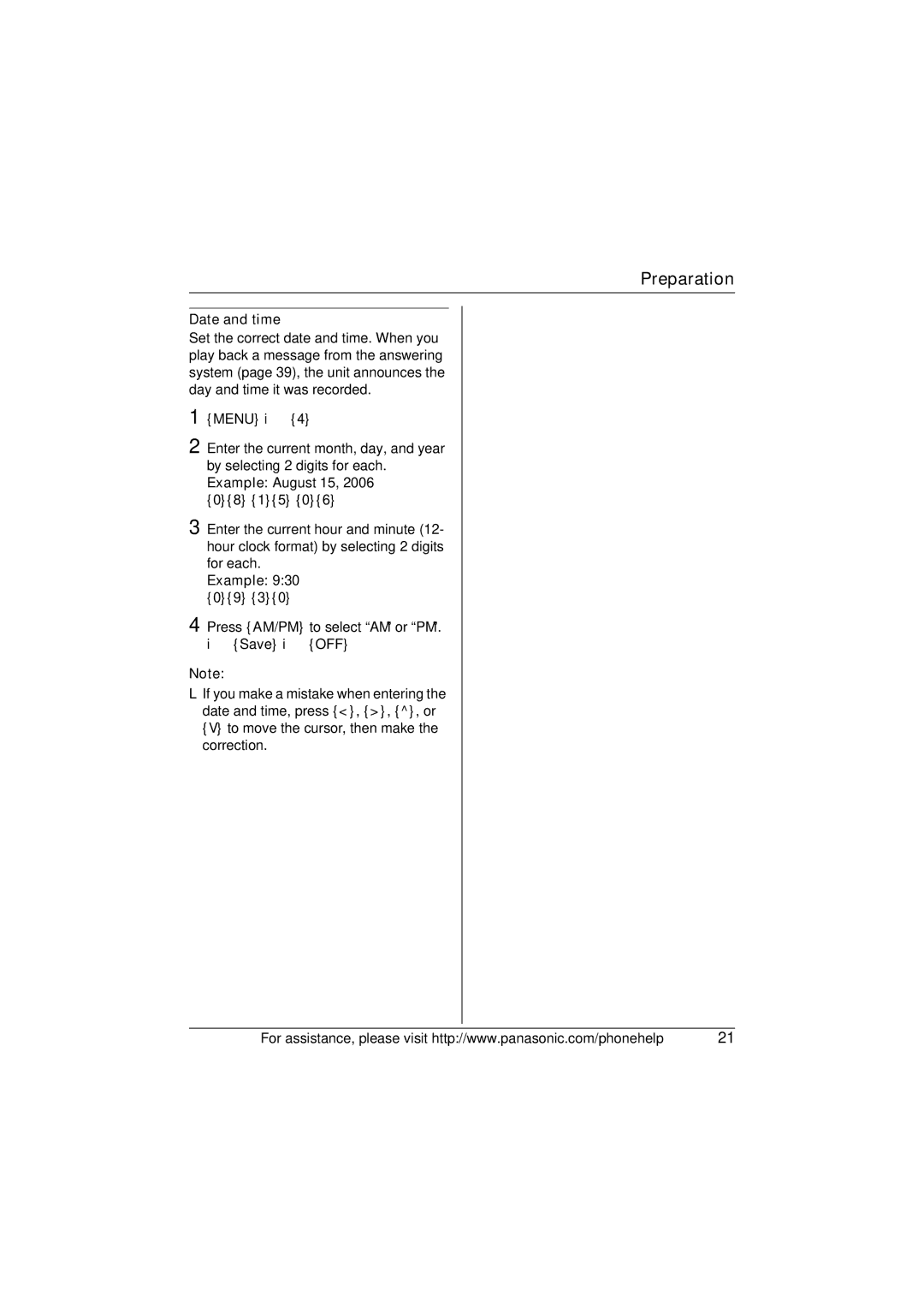 Panasonic X-TG5634 operating instructions Date and time, Example 930 09 