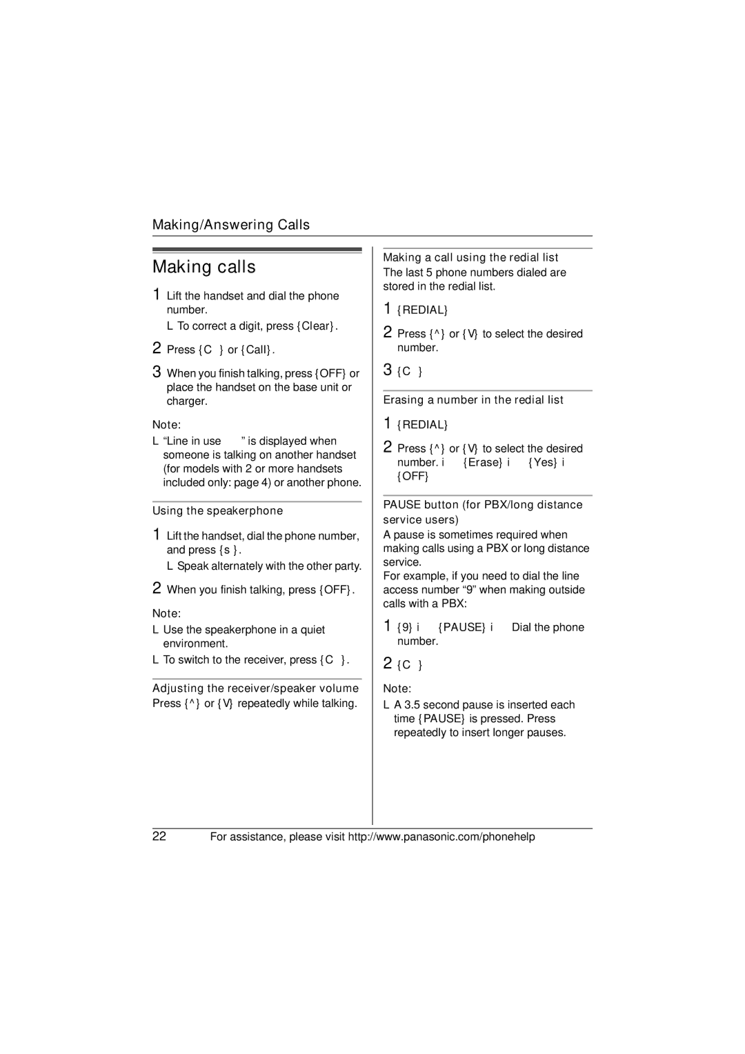 Panasonic X-TG5634 operating instructions Making calls 