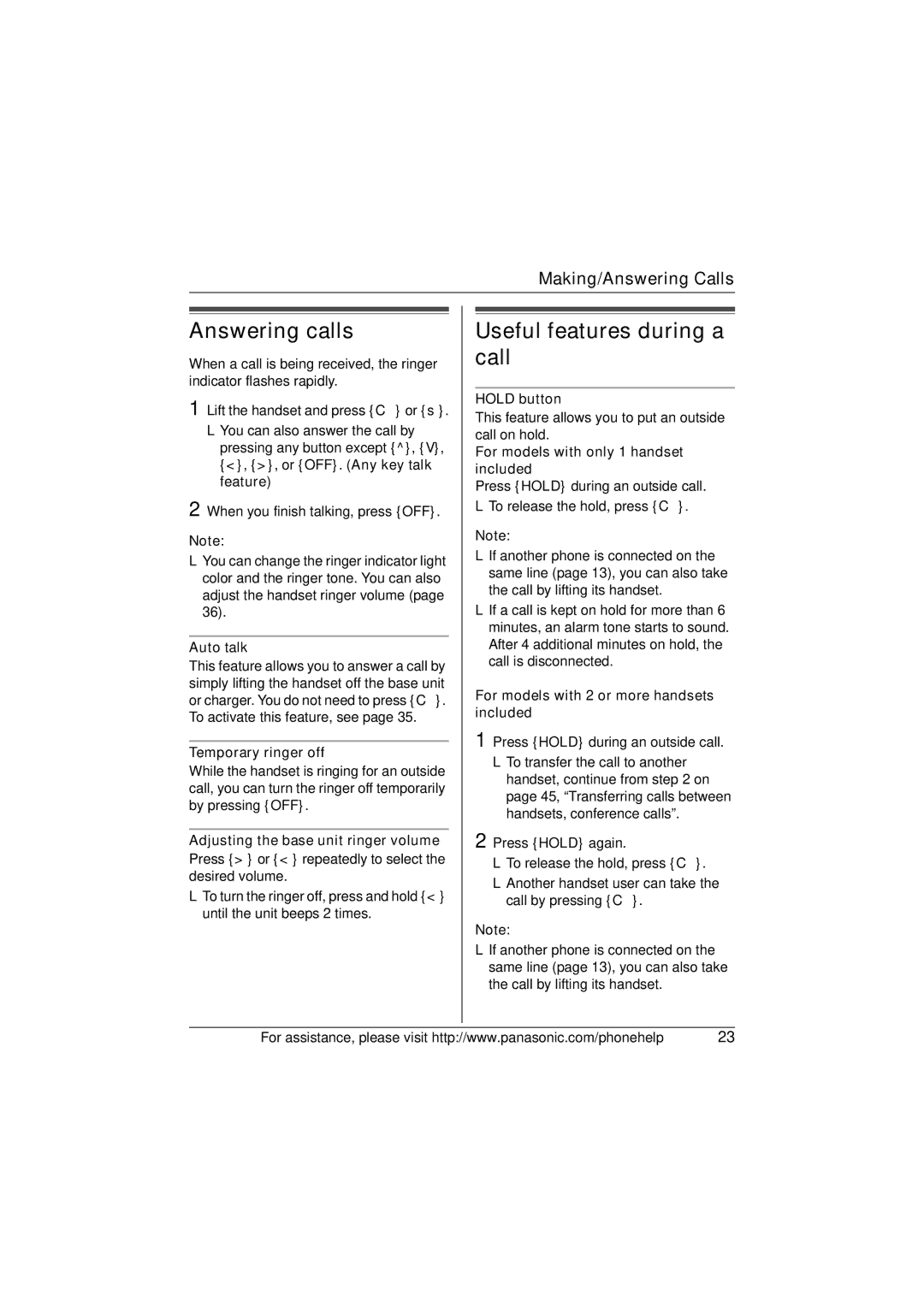 Panasonic X-TG5634 operating instructions Answering calls, Useful features during a call 