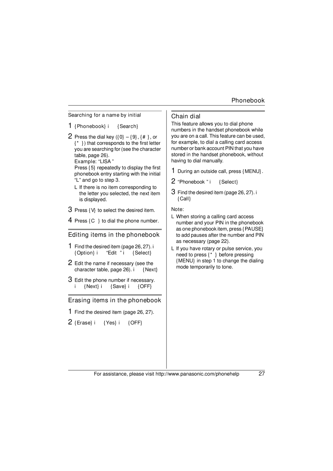 Panasonic X-TG5634 operating instructions Editing items in the phonebook, Erasing items in the phonebook, Chain dial 