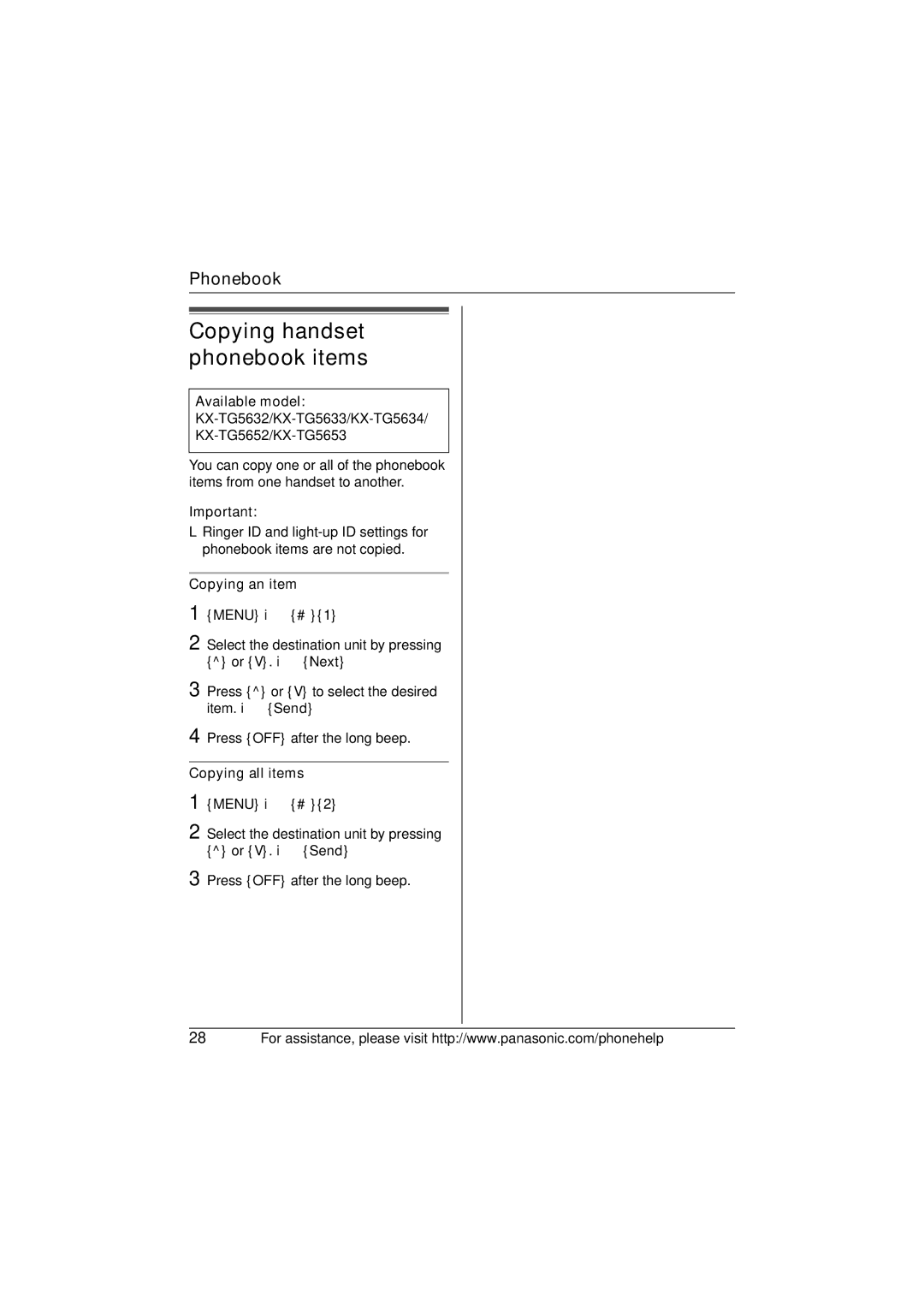 Panasonic X-TG5634 operating instructions Copying an item, Copying all items 